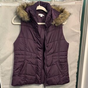 New York & Company Deep Plum Quilted Hooded Vest with Faux Fur Trim
